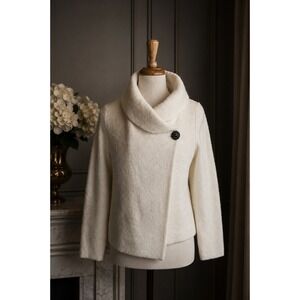 Ivory Boucle Coatigan Quiet Luxury Funnel Neck Asymmetrical Sweater Coat L